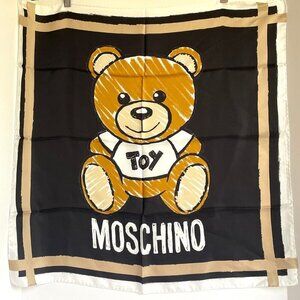 Moschino Teddy Bear Silk Scarf Womens Square Black 26x26 Boutique Toy Gold White